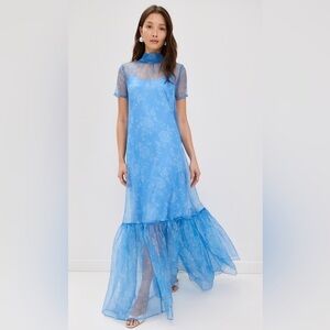 NWT STAUD Calluna Dress Blue Rose Floral Tie Back Maxi Dress Gown organza